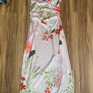 Lulus Sz S Remarkable Entrance Pink Floral Romantic Front Slit Satin Midi Dress